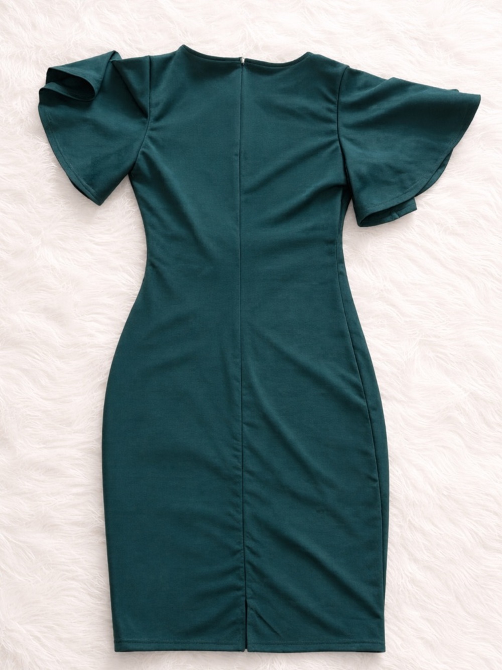 Emerald Green Flutter Sleeve MIDI Dress - Elegant Wrap Style - Boutique Look - Picture 2 of 2